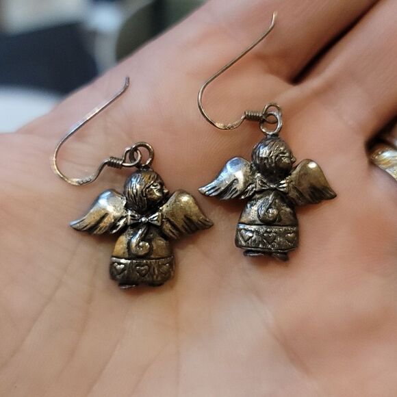 Vintage Jewelry - Adorable Antique Sterling Angel Earrings